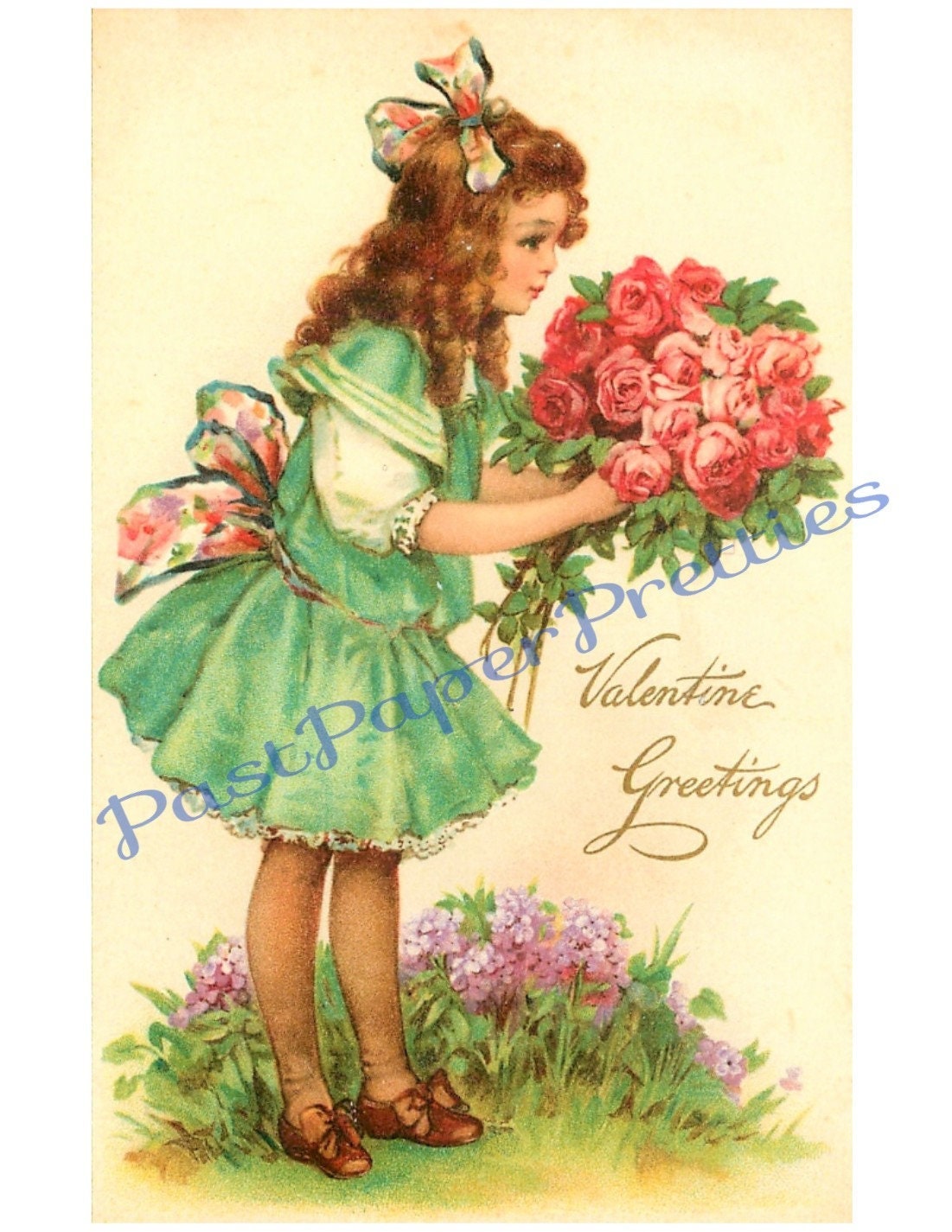 Vintage Pretty Victorian Valentine Girls Flowers Postcard Images Printable Instant Digital Download Lovely Little Edwardian Ladies Clip Art