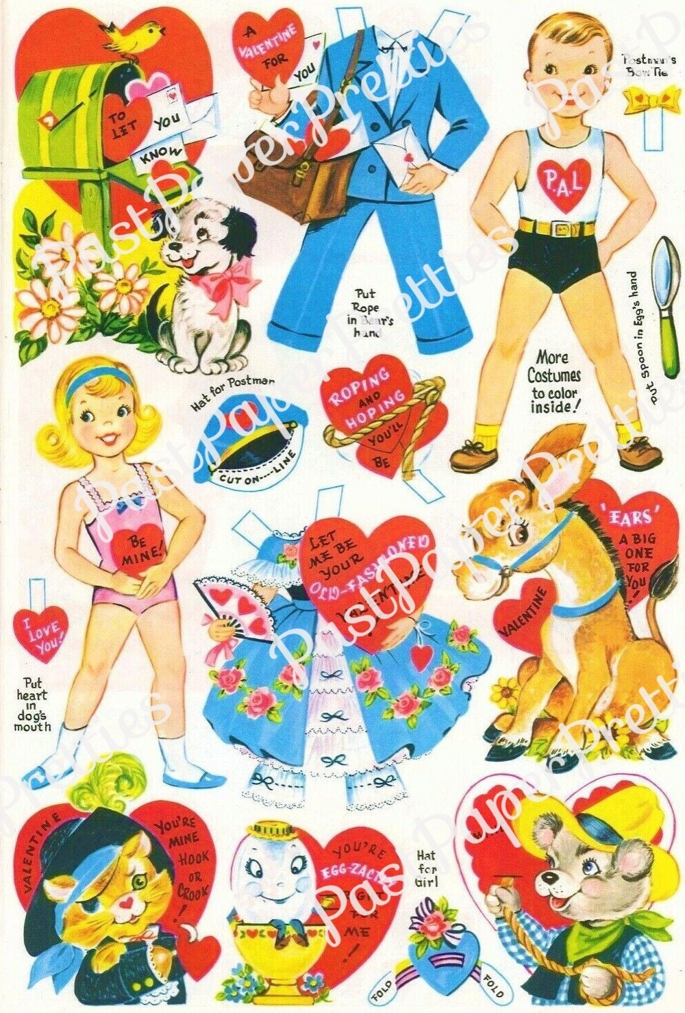 20 Vintage Printable Valentines Day Playbook Card Cut Outs 4 Collage Sheets Boy Girl Paper Dolls PDF Instant Digital Download