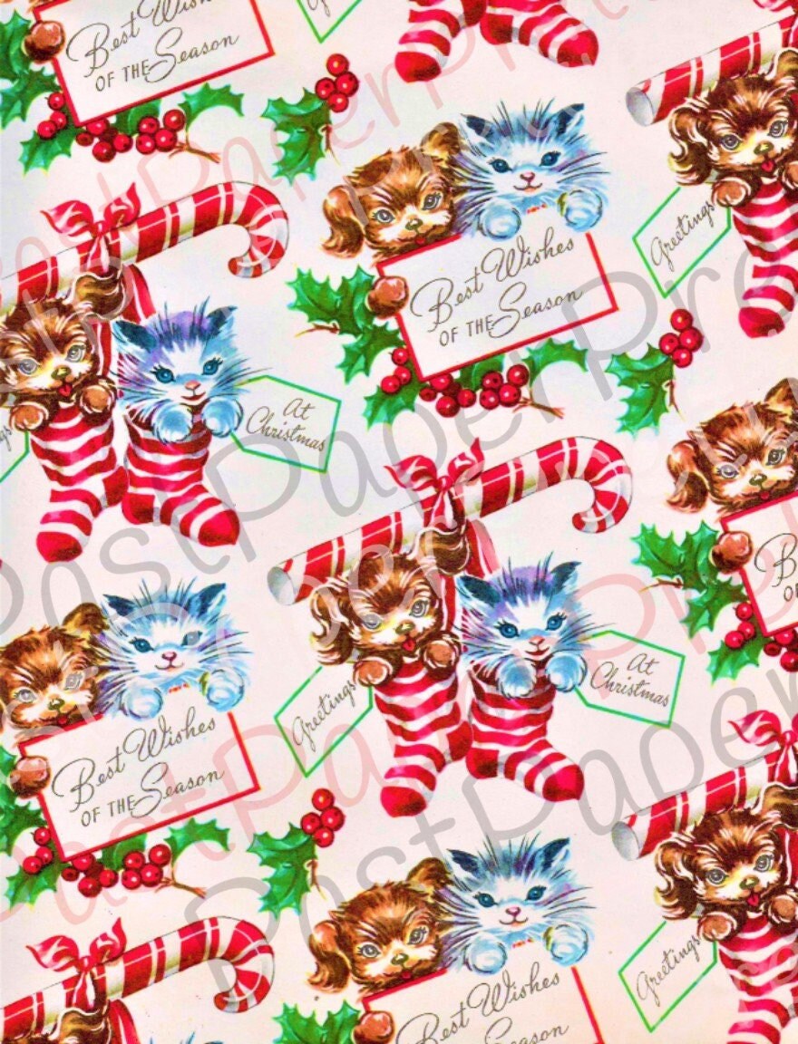 Vintage Retro Printable Gift Wrap Cute Puppies Kittens  Christmas Stocking Collage Sheet Instant Digital Download Kitsch Wrapping Paper