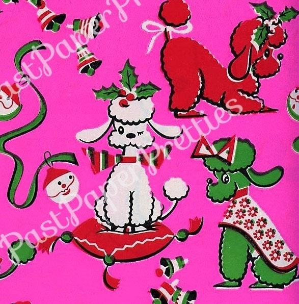 Vintage Printable Christmas Poodle Gift Wrap Bright Pink Retro Wrapping Paper Collage Sheet Instant Digital Download Holiday Dogs Clip Art