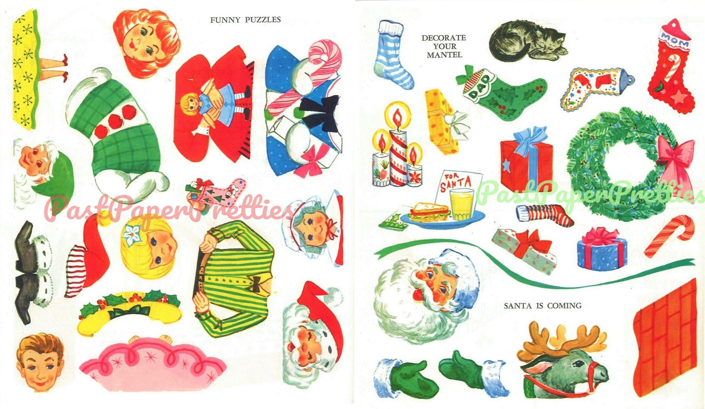 Vintage Christmas Printable Santas Holiday Activity Sticker Fun Book c. 1965 PDF Instant Digital Download Retro Games Cards Ornaments Crafts