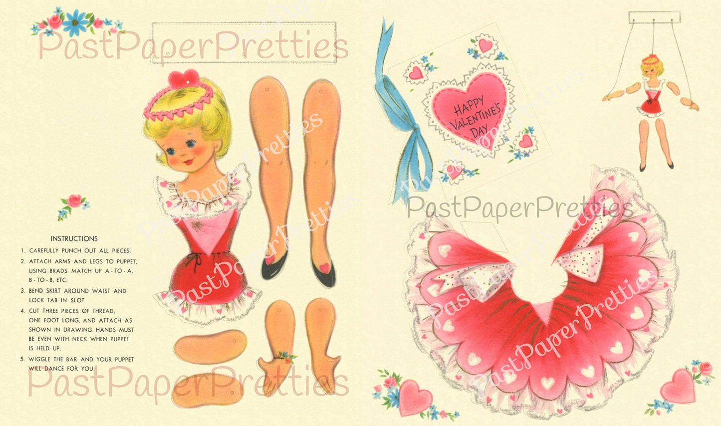 Vintage Valentine Paper Doll Ballerina Folded Printable Card c. 1960s PDF Instant Digital Download Pretty Ballet Puppet Doll and her Clothes