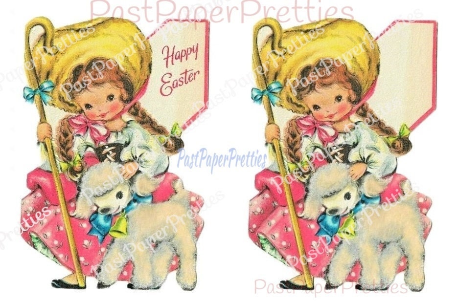 Vintage Printable Easter Card Cute Little Bo Peep Girls with Lambs Adorable Collage Images PDF Instant Digital Download JPEG PNG Clipart