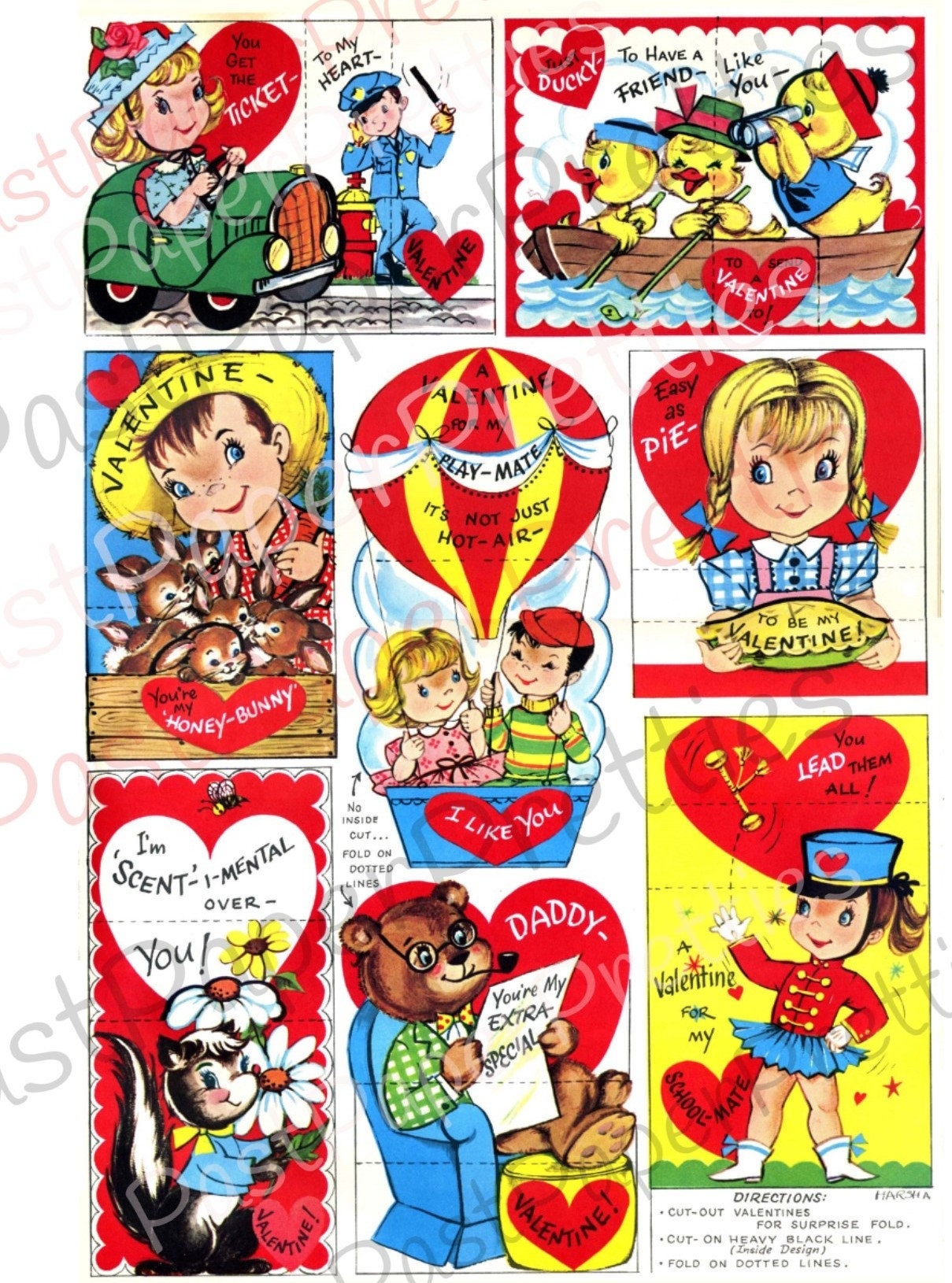 Vintage Printable Retro 1960's Valentines Day Playbook Card Cut Outs 4 Collage Sheets PDF Instant Digital Download Cute Boys Girls Animals