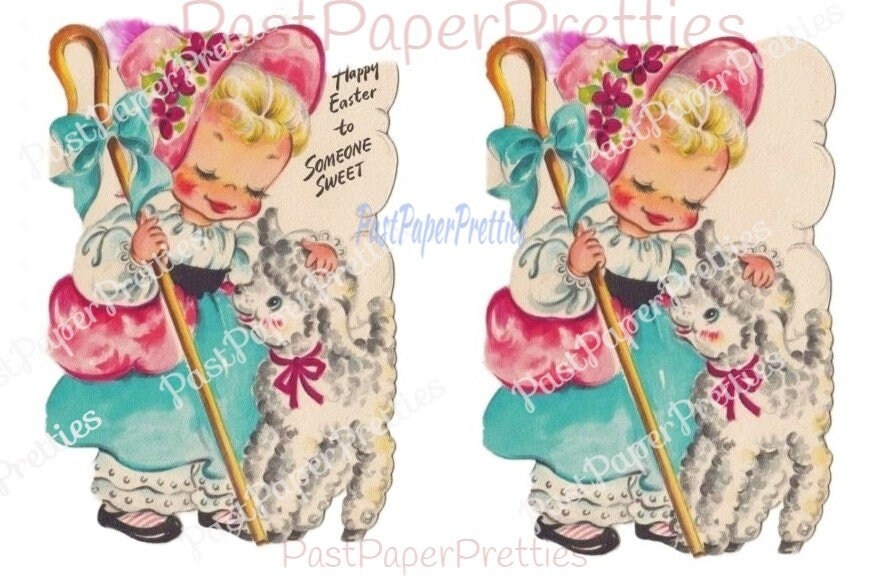 Vintage Printable Easter Card Cute Little Bo Peep Girls with Lambs Adorable Collage Images PDF Instant Digital Download JPEG PNG Clipart