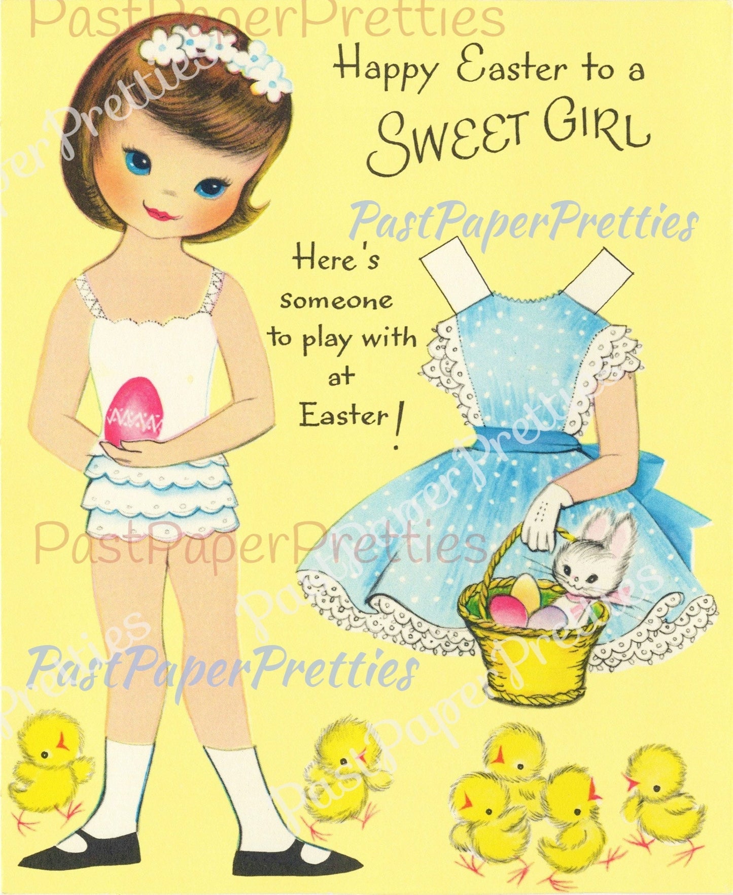 Vintage Easter Paper Doll Sweet Little Brunette Girl and her Wardrobe Folded Printable Card c. 1960s PDF Instant Digital Download JPEGs