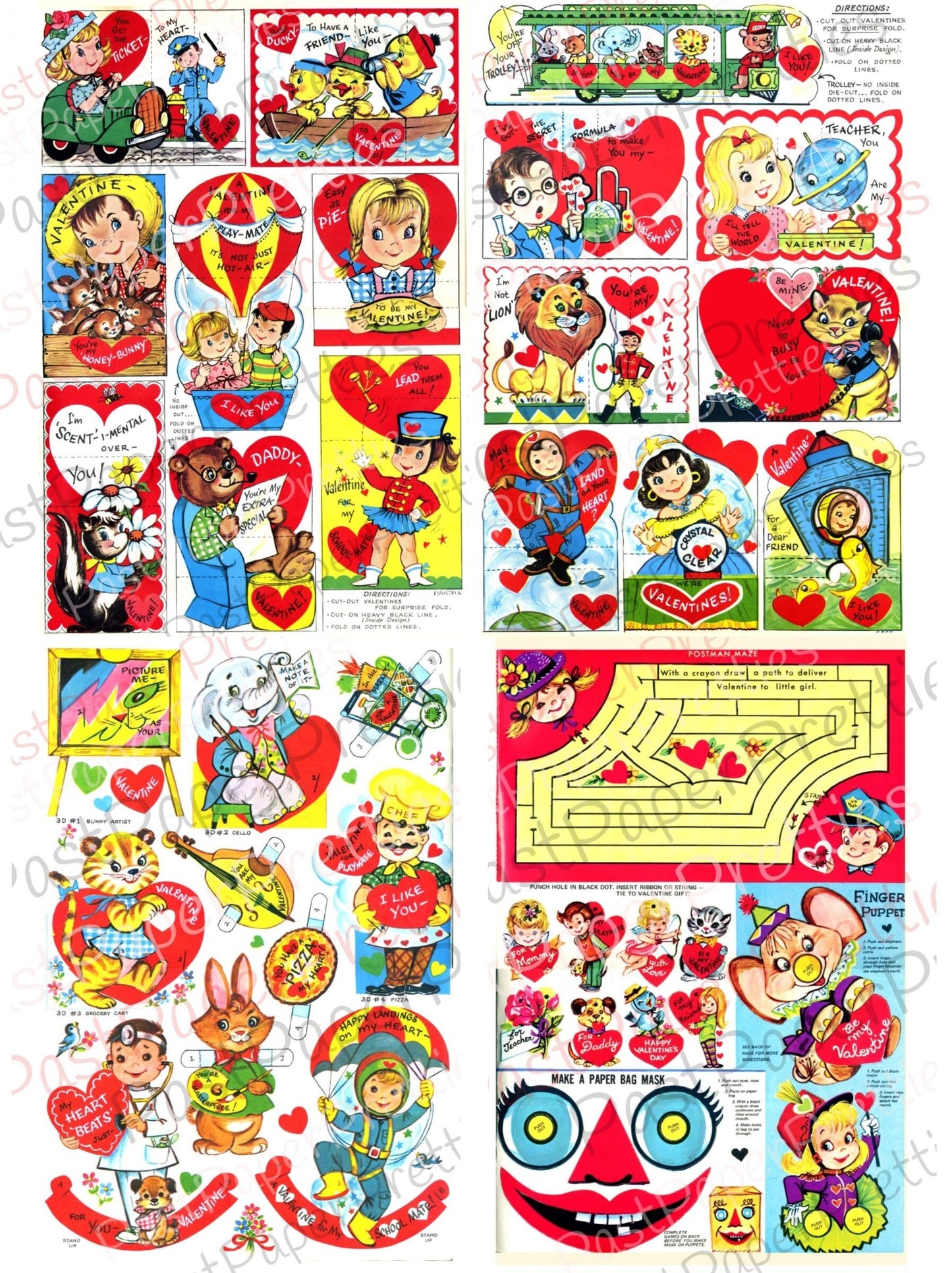 Vintage Printable Retro 1960's Valentines Day Playbook Card Cut Outs 4 Collage Sheets PDF Instant Digital Download Cute Boys Girls Animals