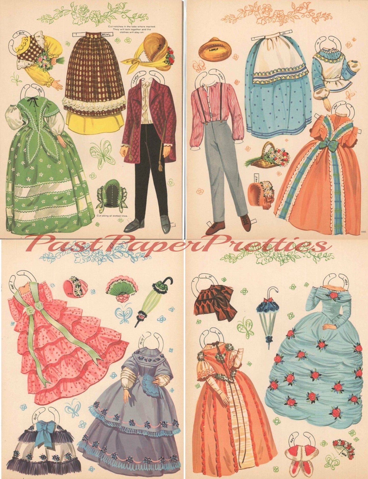 Vintage Paper Dolls Little Women with Parasols c. 1960 Printable PDF Instant Digital Download Meg Amy Jo Beth Pretty Sisters Clip Art