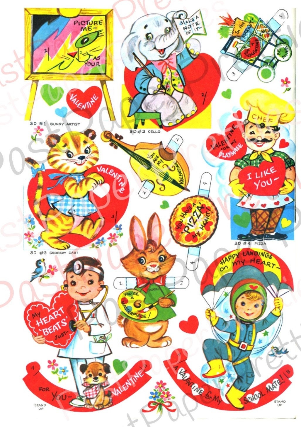 Vintage Printable Retro 1960's Valentines Day Playbook Card Cut Outs 4 Collage Sheets PDF Instant Digital Download Cute Boys Girls Animals