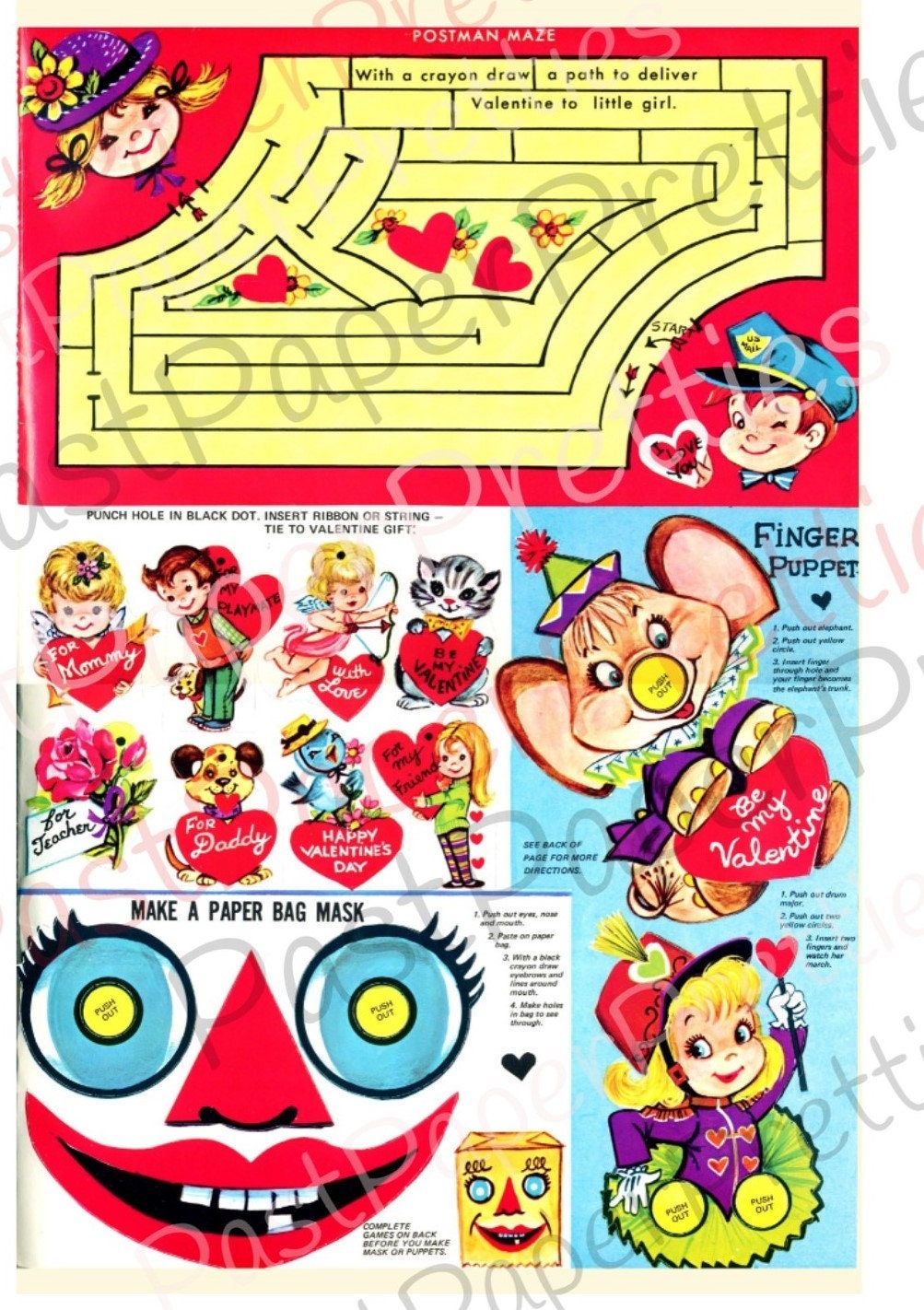 Vintage Printable Retro 1960's Valentines Day Playbook Card Cut Outs 4 Collage Sheets PDF Instant Digital Download Cute Boys Girls Animals