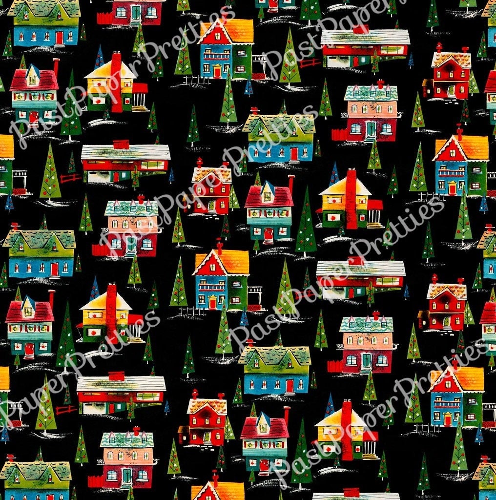 Vintage Printable Christmas Houses Gift Wrap Mid Century Mod Holiday Neighborhood Instant Digital Download Kitsch Present Wrapping Paper