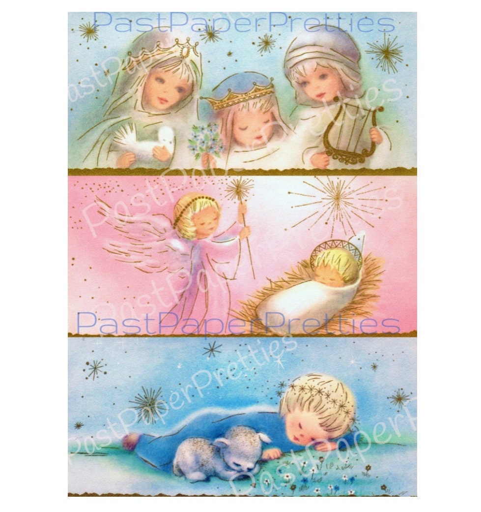 Vintage Printable Pastel Nativity Scene Creche Children Christmas Card Images Retro Instant Digital Download Kitsch Cute Holiday Clip Art