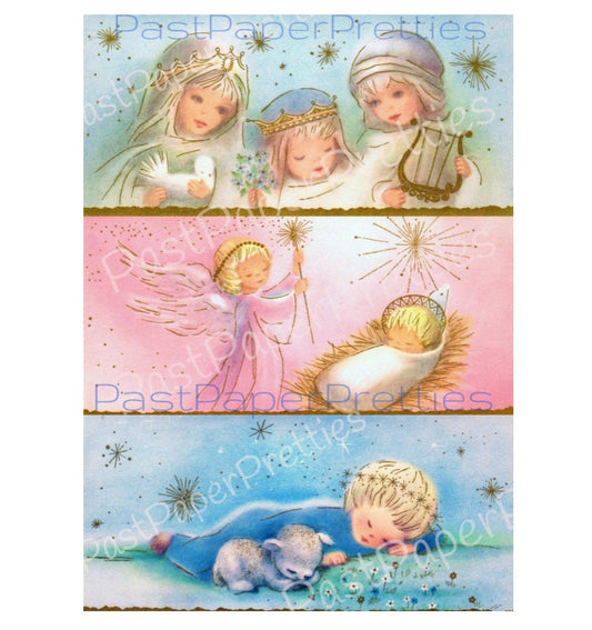 Vintage Printable Pastel Nativity Scene Creche Children Christmas Card Images Retro Instant Digital Download Kitsch Cute Holiday Clip Art