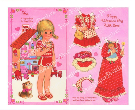 Vintage Valentine Cute Missy Paper Doll Folded Printable Card c. 1980s PDF Instant Digital Download Pretty Dress Up Girl and her Clothes