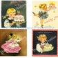 4 Vintage Printable Birthday Card Images Adorable Little Girls with Cakes PDF Instant Digital Download Kitschy Cute Little Miss Clipart