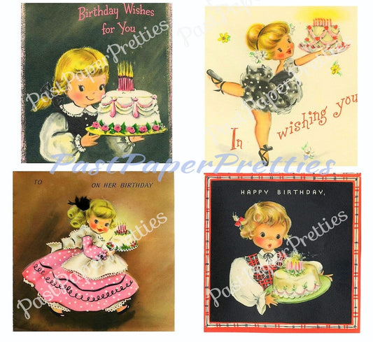 4 Vintage Printable Birthday Card Images Adorable Little Girls with Cakes PDF Instant Digital Download Kitschy Cute Little Miss Clipart