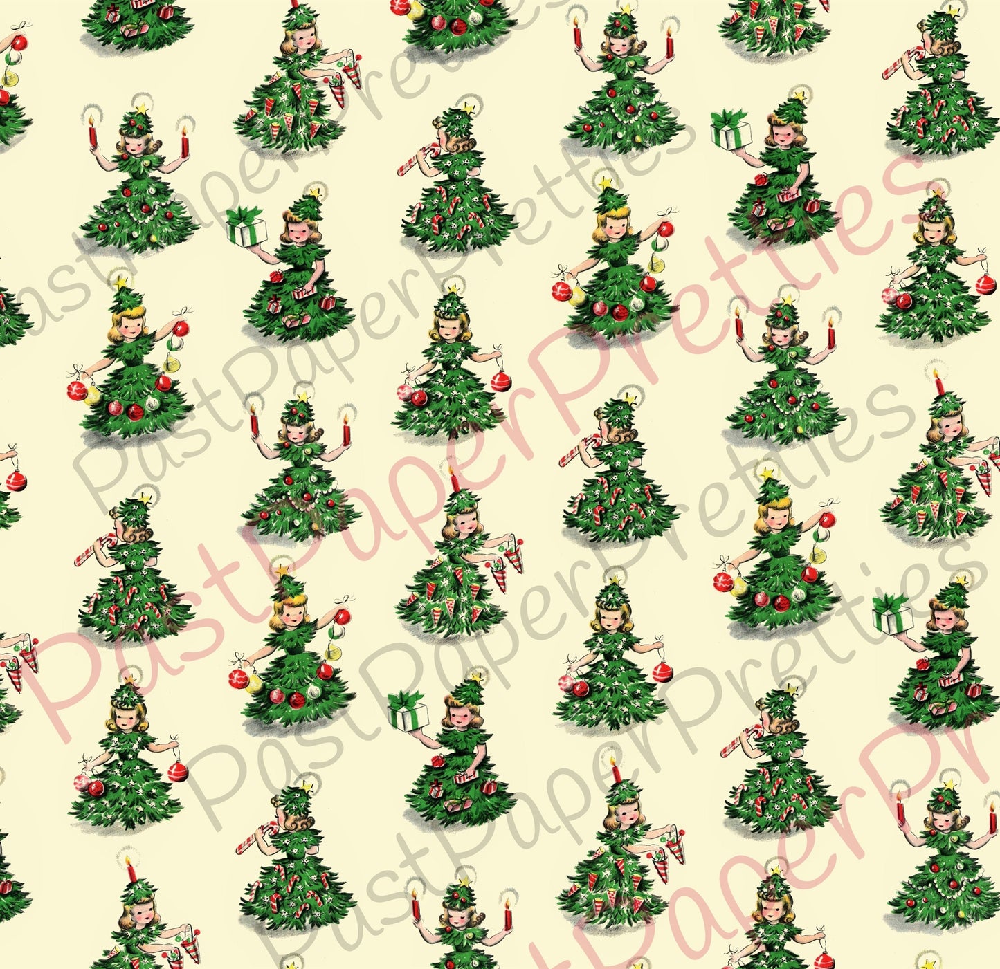 Vintage Retro Printable Gift Wrap Christmas Tree Girls Collage Sheet Instant Digital Download  Kitsch Wrapping Paper Cute Design 1940s