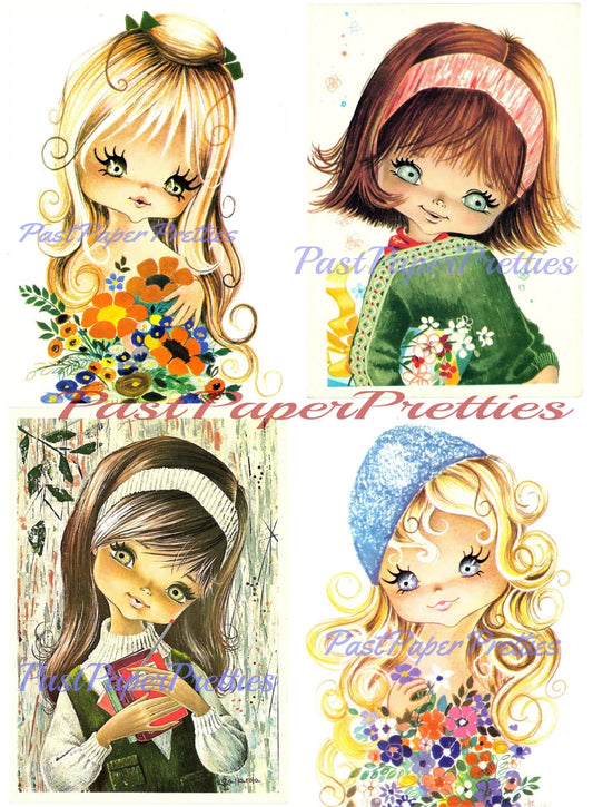 Vintage Printable Pretty Big Eyed Girls Retro Romantic 1970s Postcard Images PDF Instant Digital Download Cute Kitsch Kawaii Mod Girls