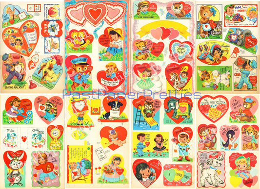 44 Vintage Printable Valentine Treasure Cards Cute Kitsch Girls Boys Animals Collage Sheets c. 1947 PDF Instant Digital Download Valentines