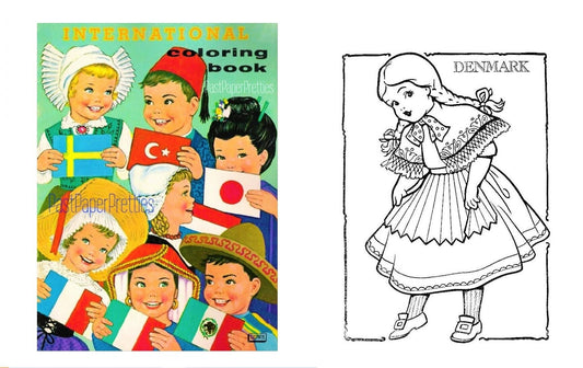 Vintage Printable Coloring Book International Children of the World 1964 PDF Instant Digital Download Cute Kitsch Kids Clip Art 20 Pages