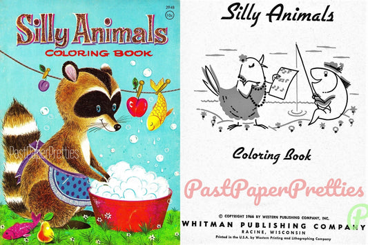 Vintage Printable Coloring Book Silly Animals c. 1966 PDF Instant Digital Download Kitsch Cute Playing Working Animals 33 Pages