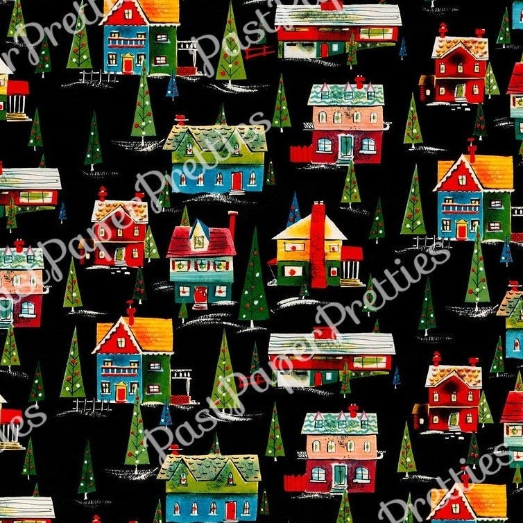 Vintage Printable Christmas Houses Gift Wrap Mid Century Mod Holiday Neighborhood Instant Digital Download Kitsch Present Wrapping Paper