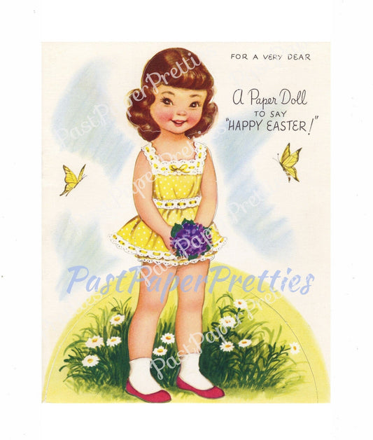 Vintage Easter Paper Doll Pretty Little Brunette Girl and her Pets Folded Printable Card c. 1960s PDF Instant Digital Download 8 Pages