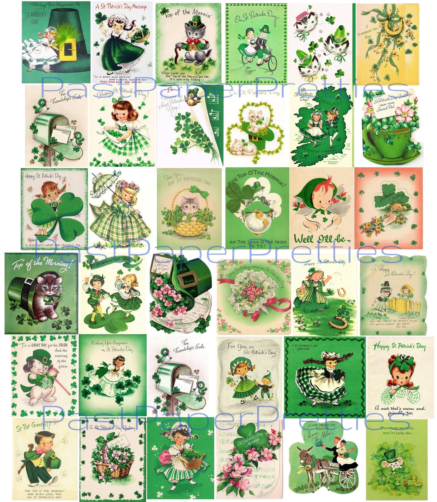 45 Vintage St. Patricks Day Card Images Kitsch Children Animals Shamrocks Collage Sheets Printable PDF Instant Digital Download ATC Size