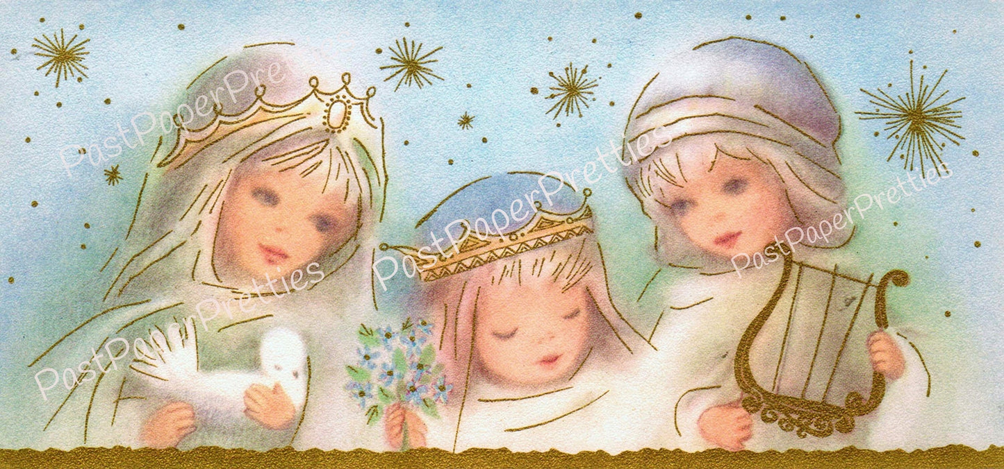 Vintage Printable Pastel Nativity Scene Creche Children Christmas Card Images Retro Instant Digital Download Kitsch Cute Holiday Clip Art