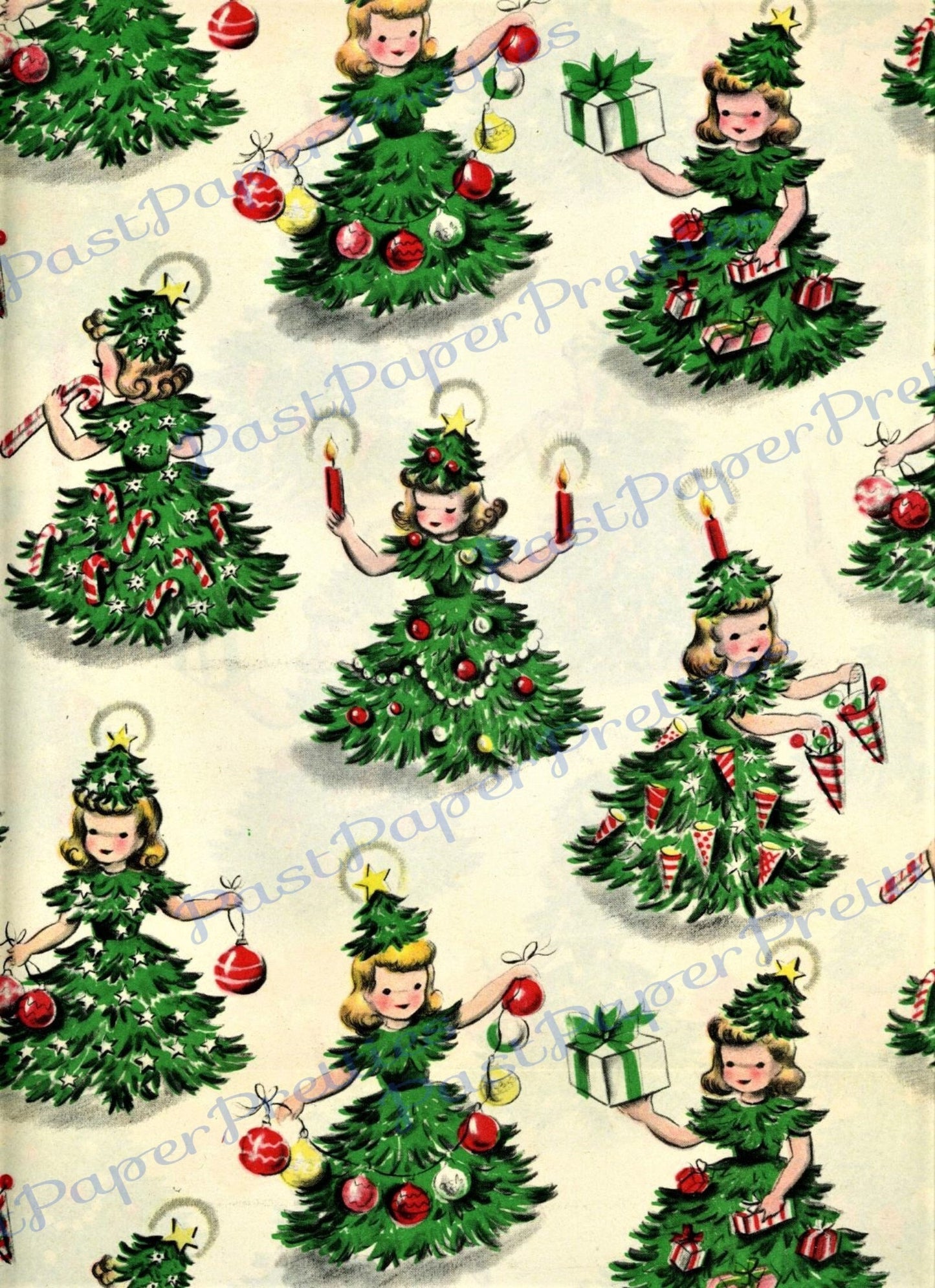 Vintage Retro Printable Gift Wrap Christmas Tree Girls Collage Sheet Instant Digital Download  Kitsch Wrapping Paper Cute Design 1940s