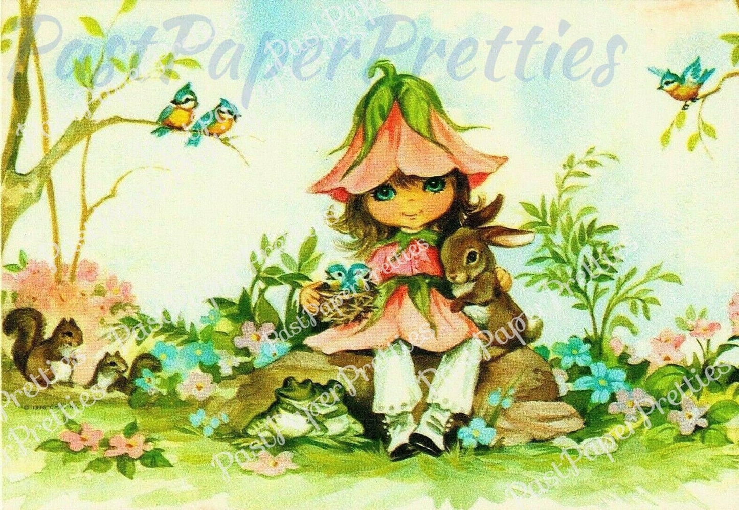 Vintage Printable Little Bonnie Blossom Flower Fairy Girl and Forest Friends Postcard Images Set c. 1976 Instant Digital Download 300 dpi