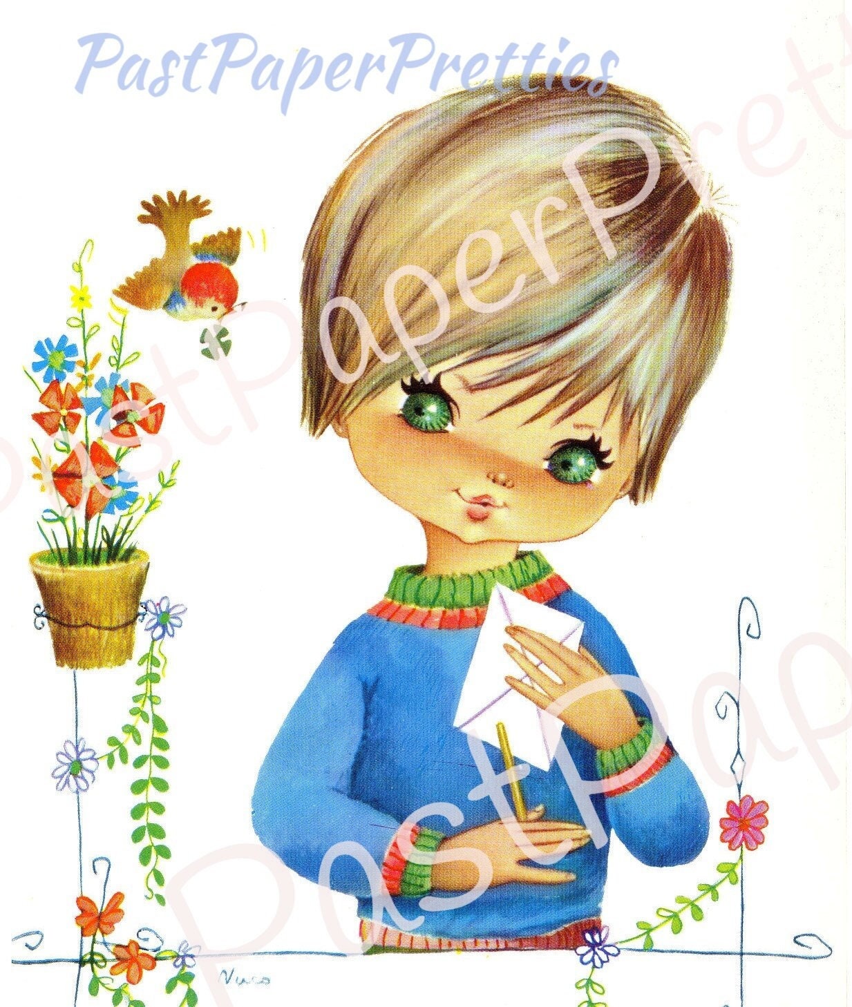 Vintage Printable Pretty Big Eyed Girls Pets Flower Pots 1970s Postcard Images Instant Digital Download Cute Kitsch Kawaii Mod Girls