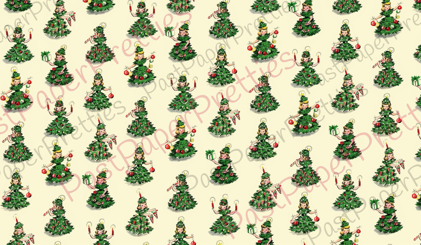 Vintage Retro Printable Gift Wrap Christmas Tree Girls Collage Sheet Instant Digital Download  Kitsch Wrapping Paper Cute Design 1940s