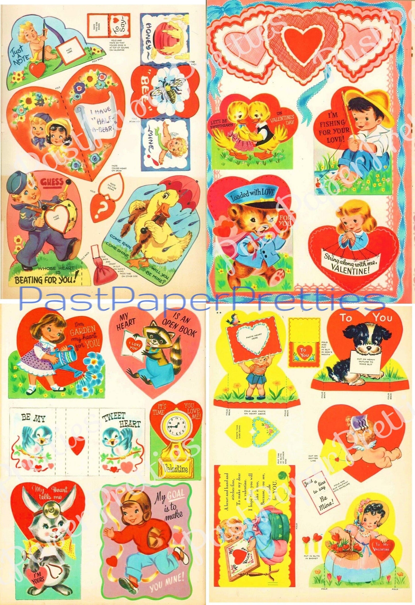 44 Vintage Printable Valentine Treasure Cards Cute Kitsch Girls Boys Animals Collage Sheets c. 1947 PDF Instant Digital Download Valentines