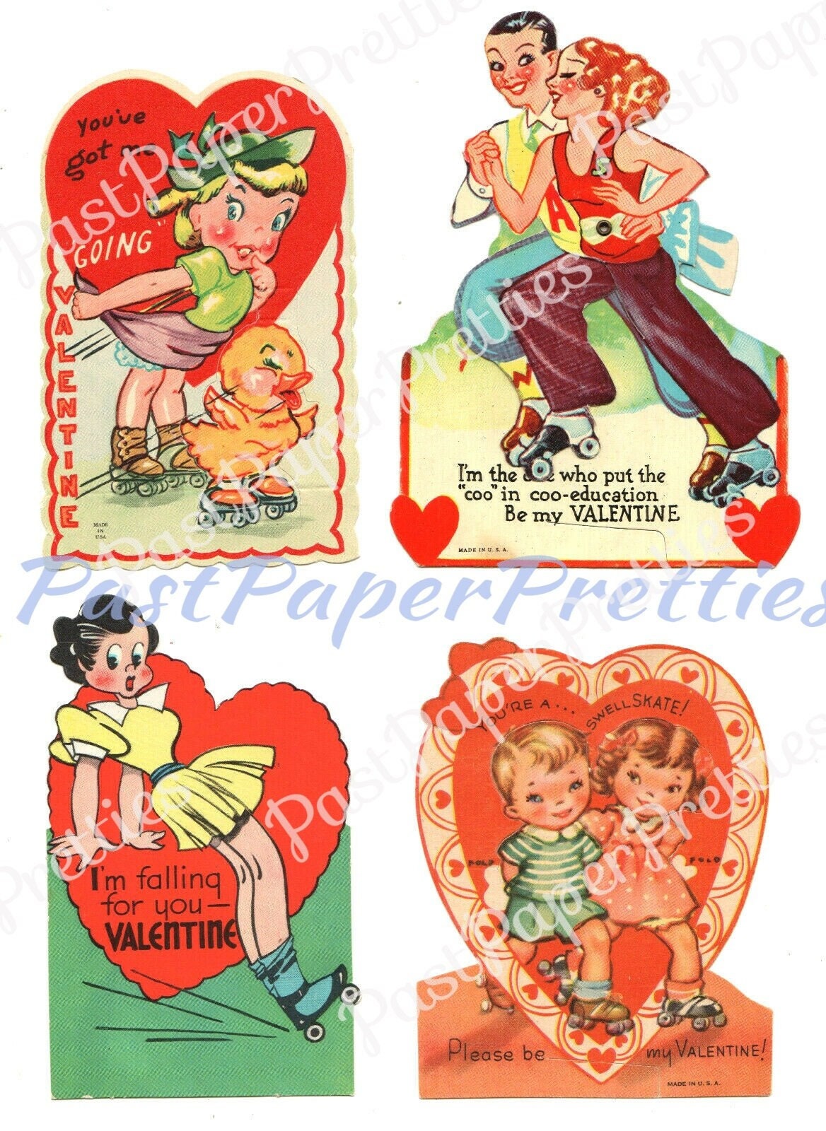 Vintage Printable Valentines Day Cards Rollerskating Girls and Boys All Roller Skate Themed Collage Sheets PDF Instant Digital Download