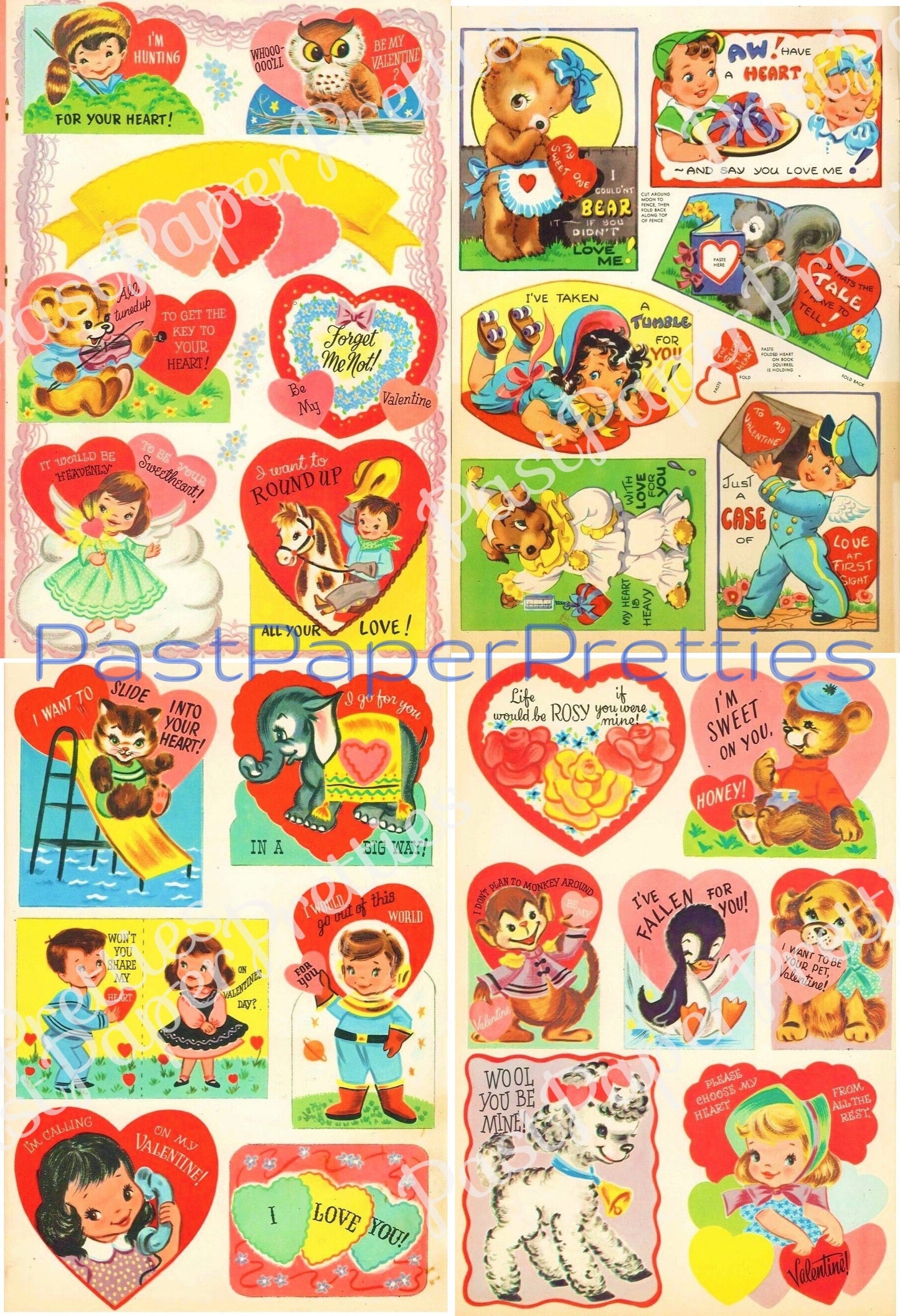 44 Vintage Printable Valentine Treasure Cards Cute Kitsch Girls Boys Animals Collage Sheets c. 1947 PDF Instant Digital Download Valentines