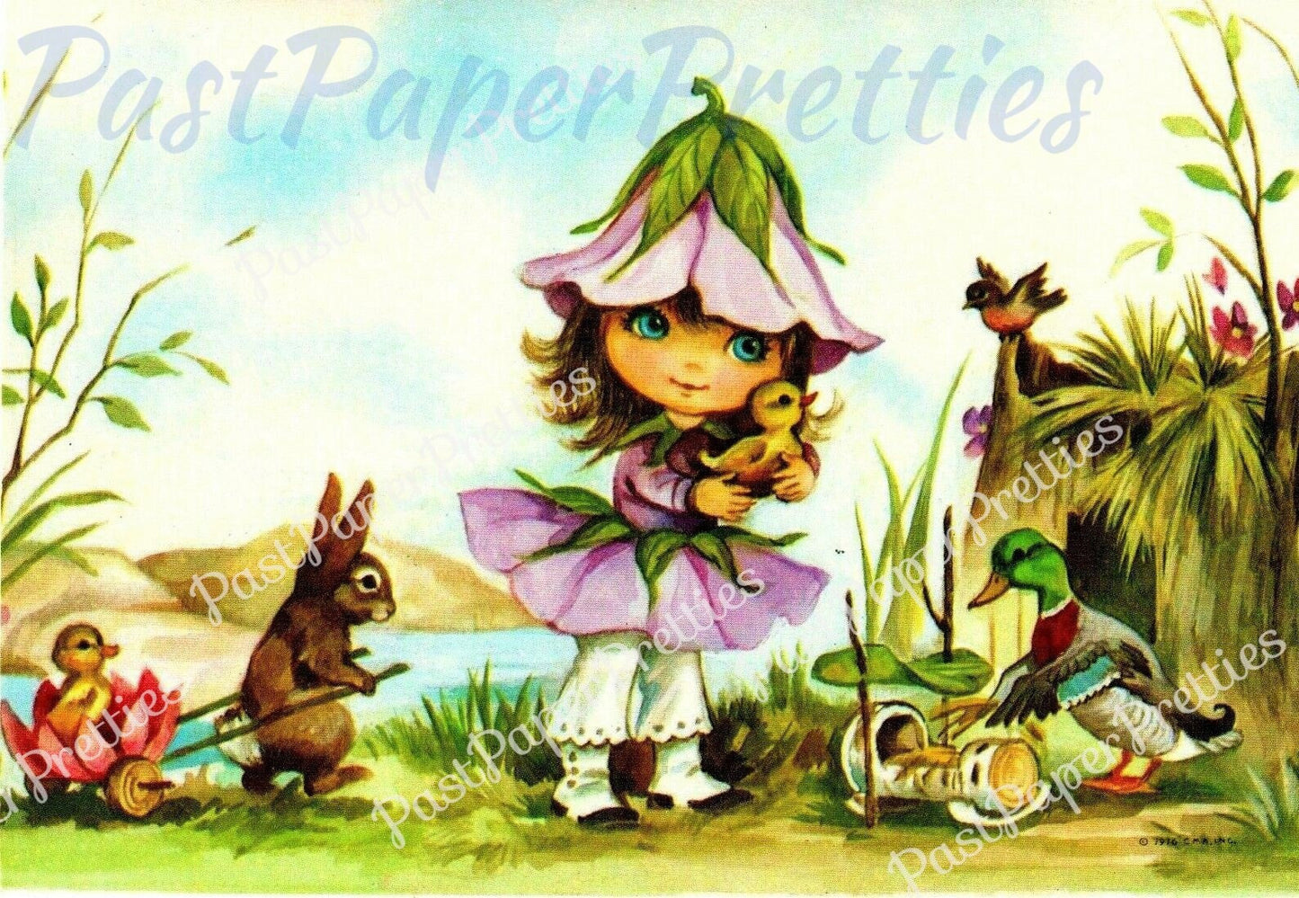 Vintage Printable Little Bonnie Blossom Flower Fairy Girl and Forest Friends Postcard Images Set c. 1976 Instant Digital Download 300 dpi