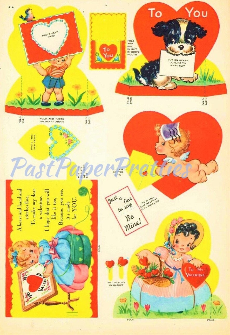 44 Vintage Printable Valentine Treasure Cards Cute Kitsch Girls Boys Animals Collage Sheets c. 1947 PDF Instant Digital Download Valentines