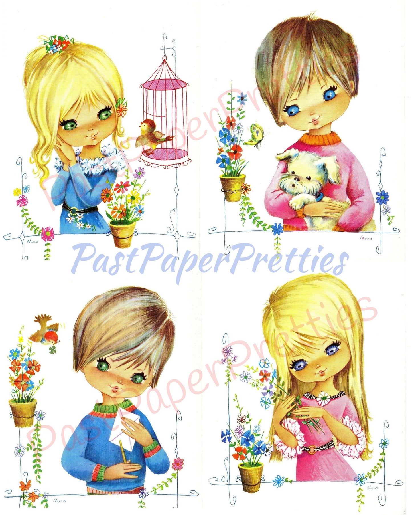 Vintage Printable Pretty Big Eyed Girls Pets Flower Pots 1970s Postcard Images Instant Digital Download Cute Kitsch Kawaii Mod Girls