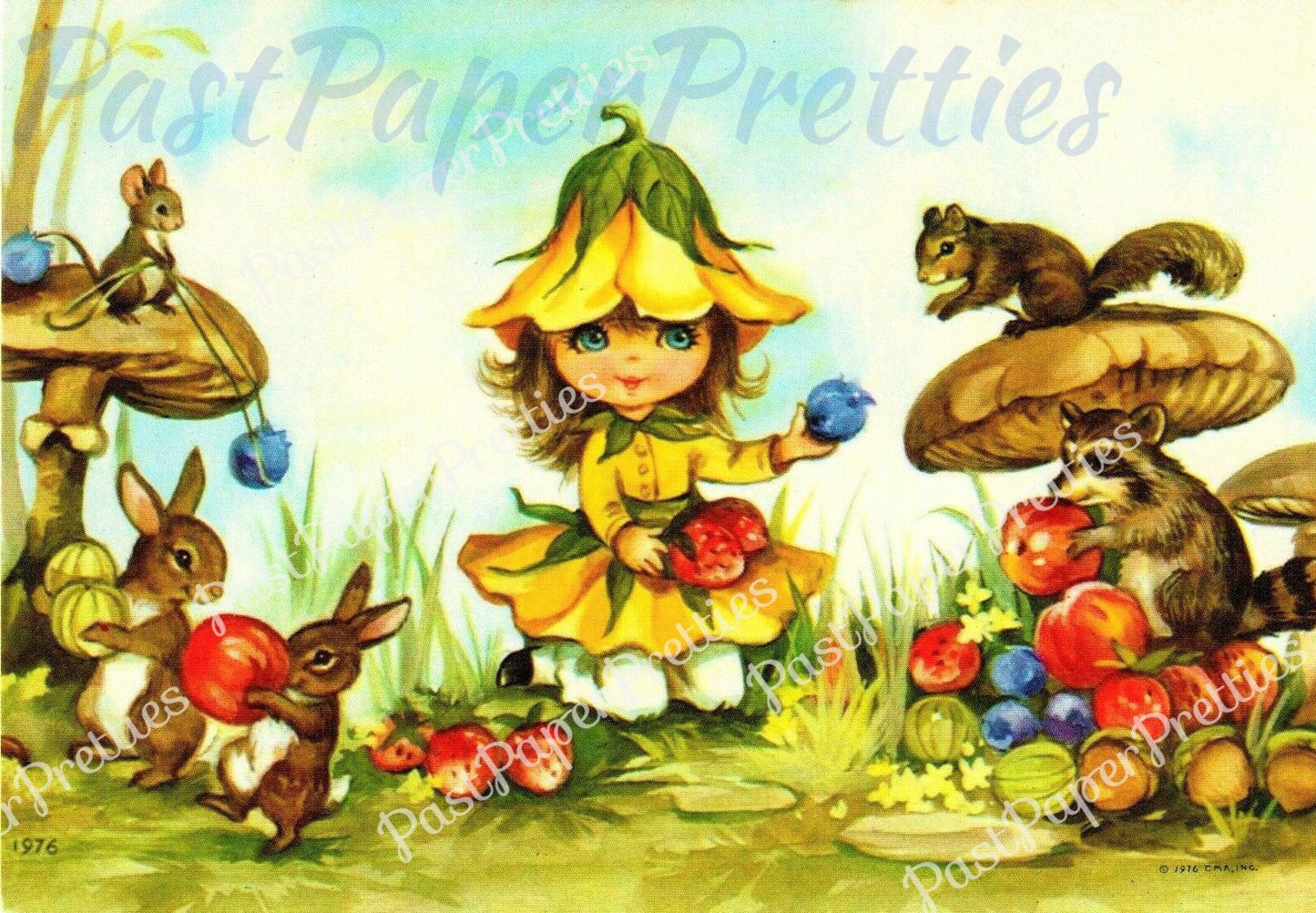 Vintage Printable Little Bonnie Blossom Flower Fairy Girl and Forest Friends Postcard Images Set c. 1976 Instant Digital Download 300 dpi