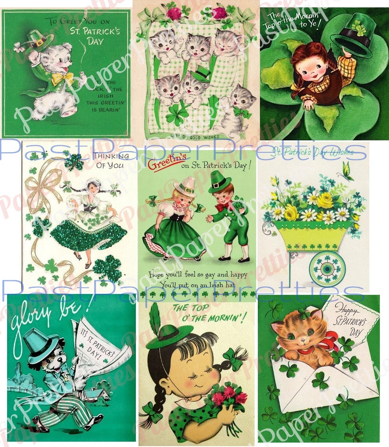 45 Vintage St. Patricks Day Card Images Kitsch Children Animals Shamrocks Collage Sheets Printable PDF Instant Digital Download ATC Size