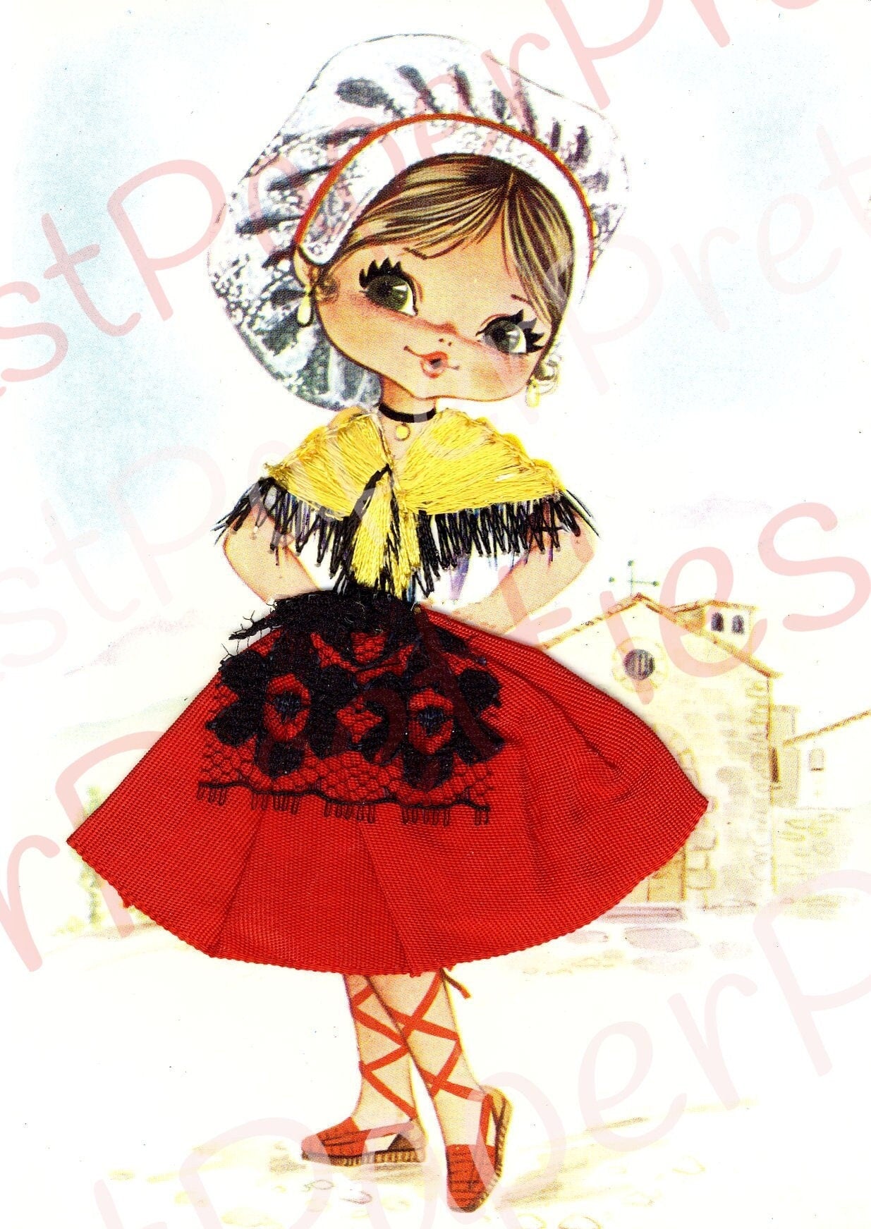 Vintage Printable Pretty Big Eyed Spanish Dancer Girls 1970s Postcard Images PDF Instant Digital Download Kitsch Fabric Dresses 300 dpi