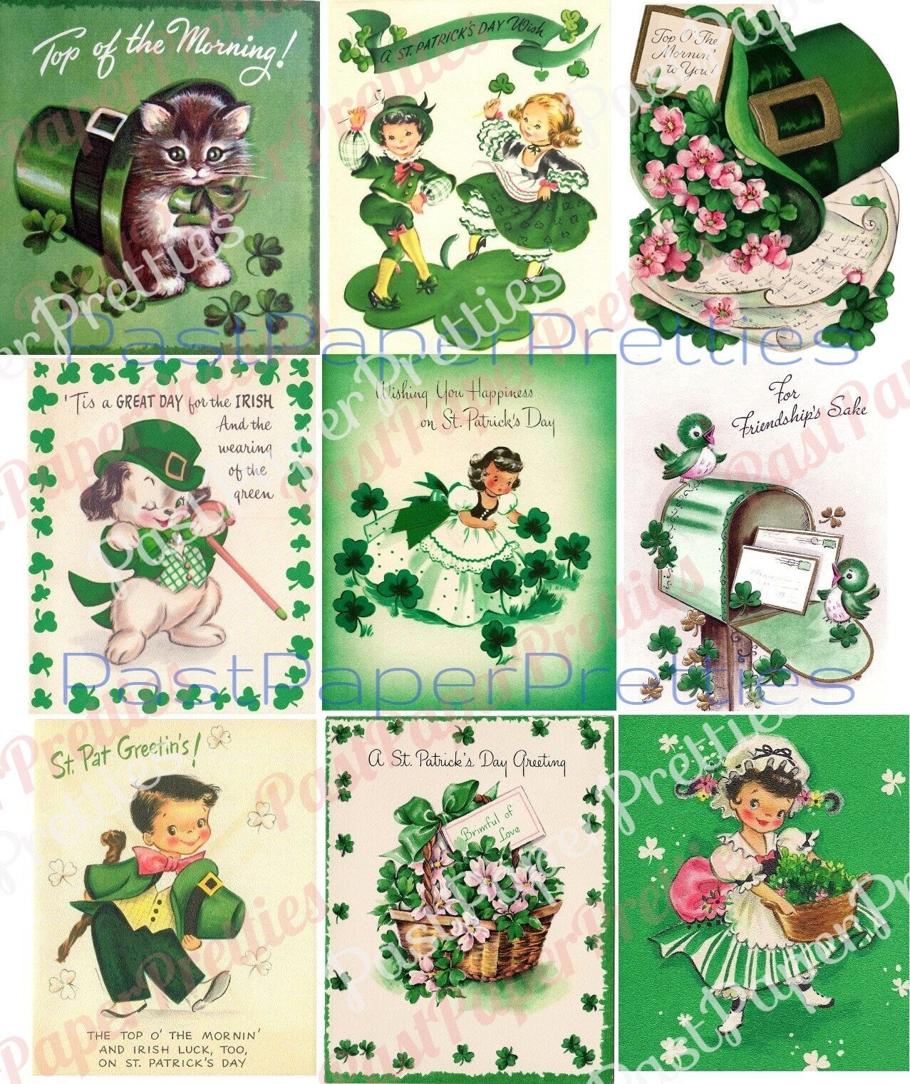 45 Vintage St. Patricks Day Card Images Kitsch Children Animals Shamrocks Collage Sheets Printable PDF Instant Digital Download ATC Size