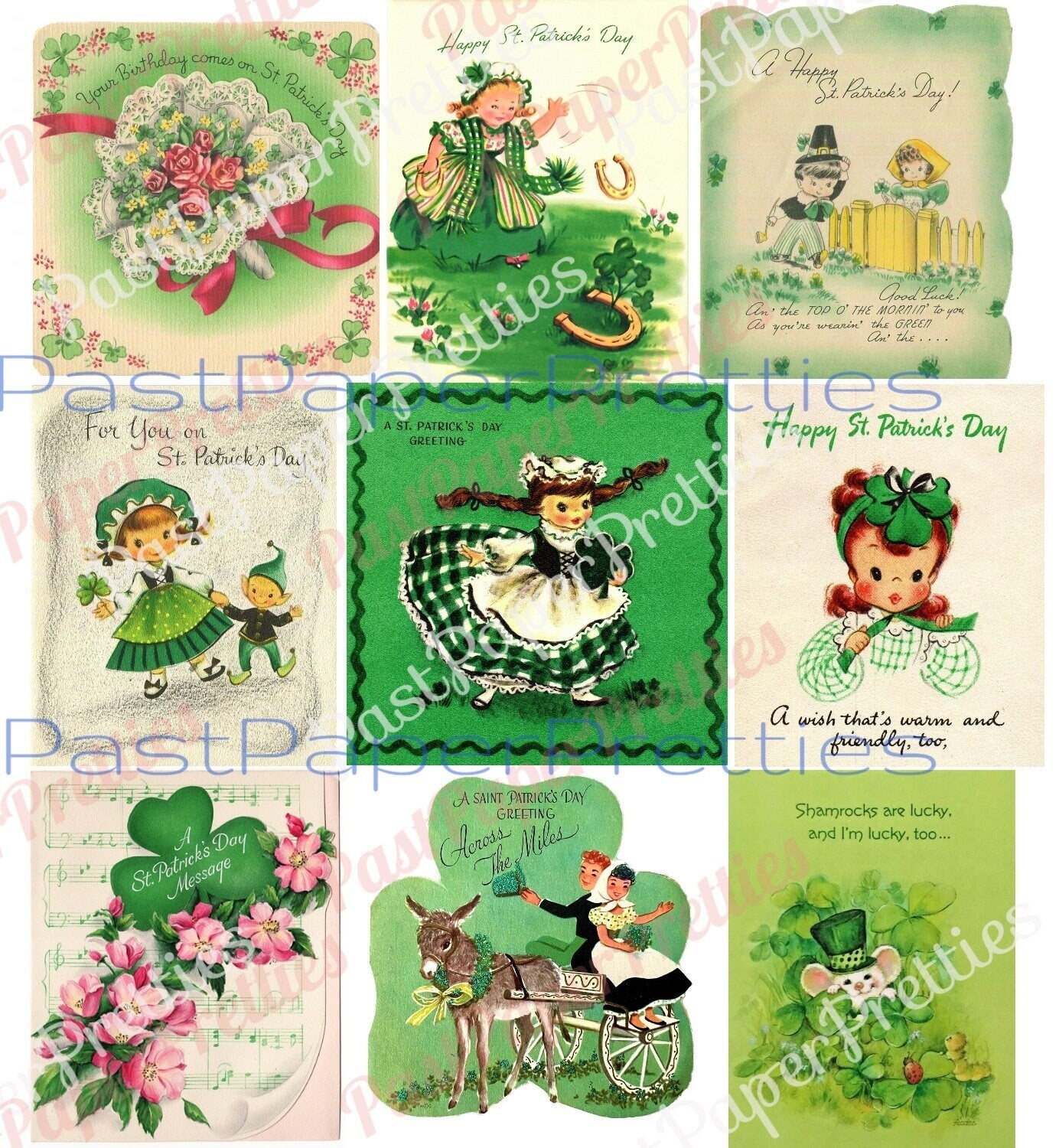 45 Vintage St. Patricks Day Card Images Kitsch Children Animals Shamrocks Collage Sheets Printable PDF Instant Digital Download ATC Size