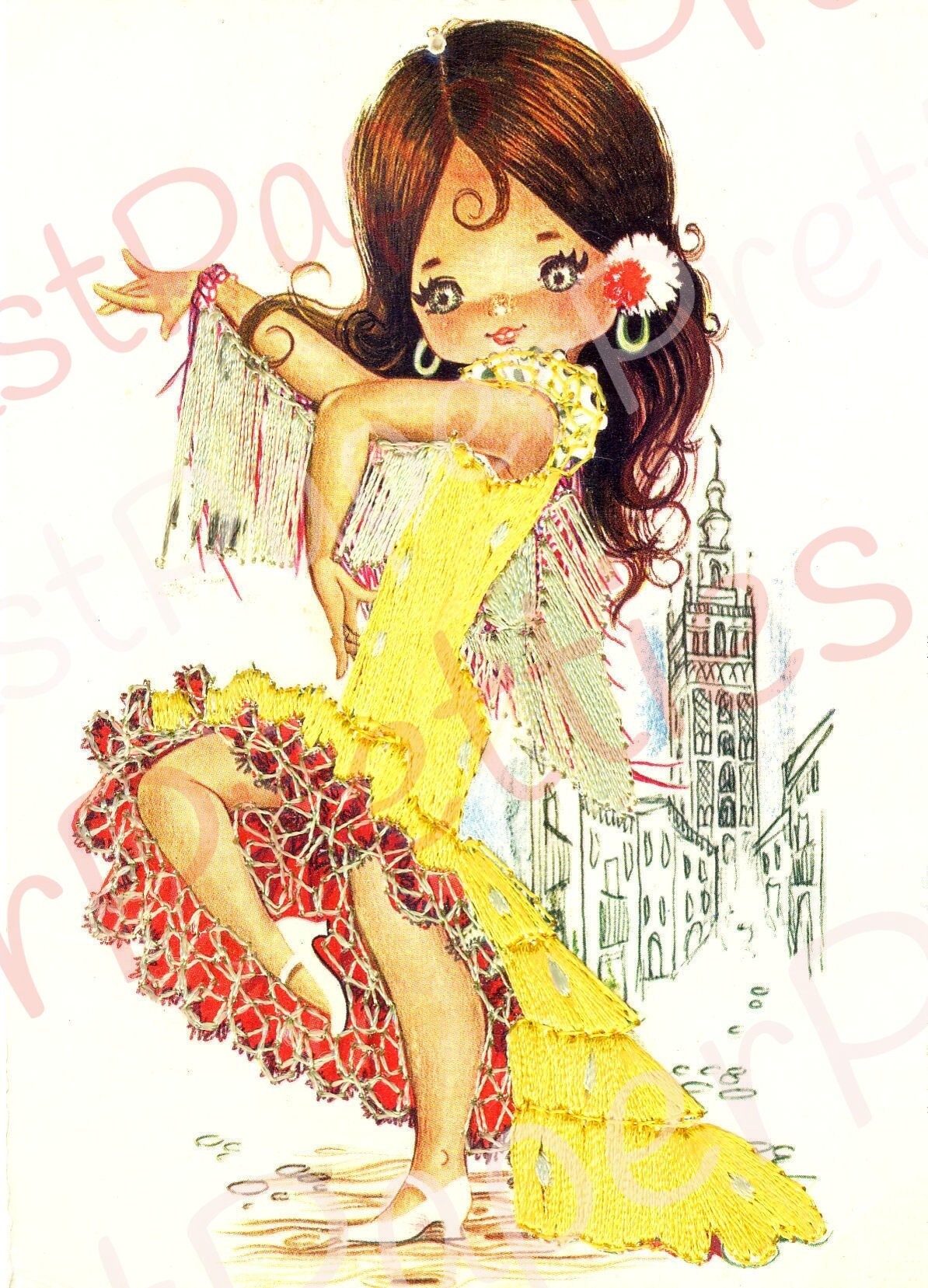 Vintage Printable Pretty Big Eyed Spanish Dancer Girls 1970s Postcard Images PDF Instant Digital Download Kitsch Fabric Dresses 300 dpi