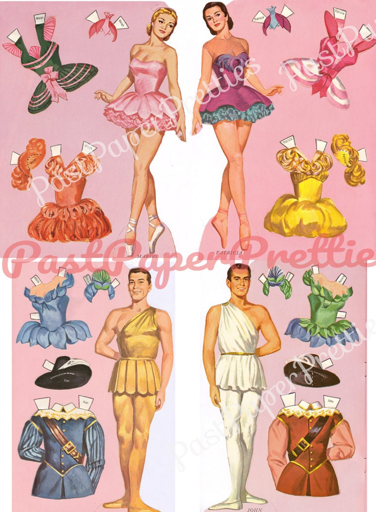 Vintage Ballet Paper Dolls Double Doll Book c. 1964 PDF Printable Instant Digital Download 16 Dancers Ballerinas Performing Arts Clip Art