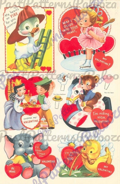 Printable Vintage 1955 Whitman Valentines Day Cards Cute Kitsch Boys Girls Animals PDF Instant Digital Download Clip Art 40 Designs JPEG