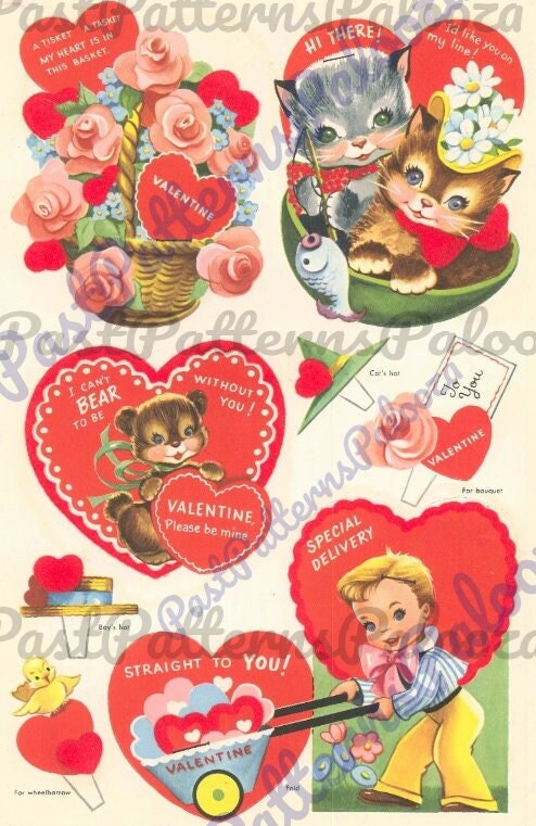 Printable Vintage 1955 Whitman Valentines Day Cards Cute Kitsch Boys Girls Animals PDF Instant Digital Download Clip Art 40 Designs JPEG