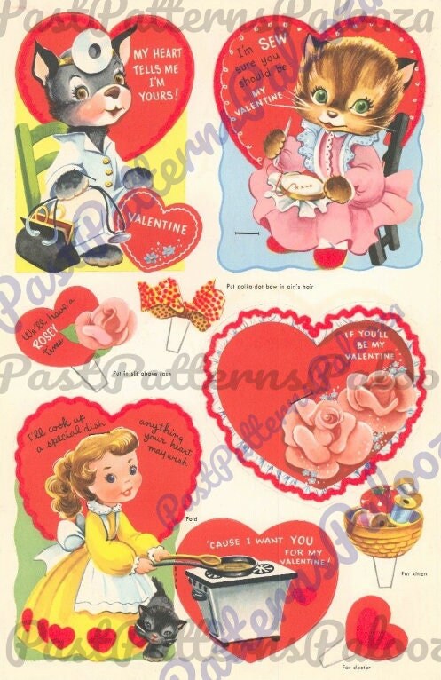 Printable Vintage 1955 Whitman Valentines Day Cards Cute Kitsch Boys Girls Animals PDF Instant Digital Download Clip Art 40 Designs JPEG