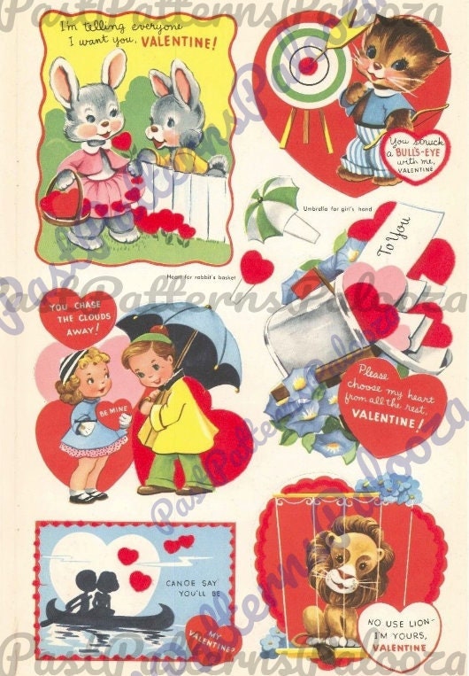 Printable Vintage 1955 Whitman Valentines Day Cards Cute Kitsch Boys Girls Animals PDF Instant Digital Download Clip Art 40 Designs JPEG